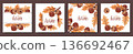 Set of Square Cards with acorns and oak leaves in the flat design. Perfect for Autumn Greeting Cards, Thanksgiving Party Posters, Social Media Banners, Product Packaging Labels, Website Decor 136692467