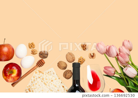 Traditional foods and symbols for Passover are arranged neatly 136692530