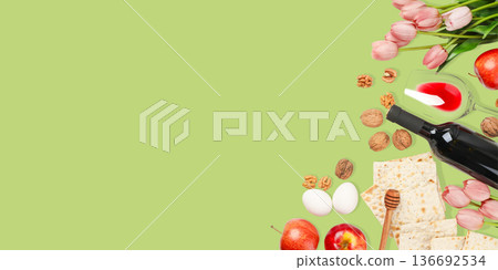Celebration of Passover with food items, flowers and decorations 136692534