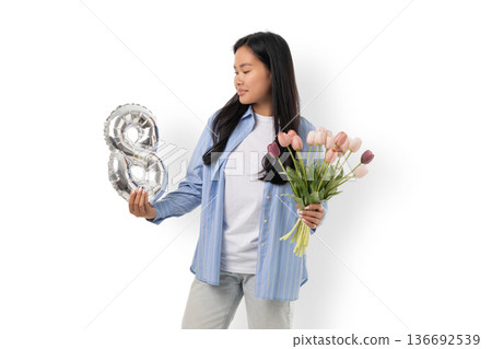 March 8: Model with flowers and balloon, isolated, PNG 136692539