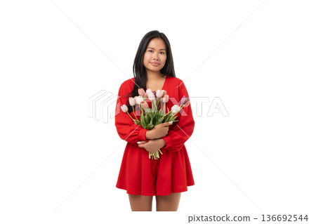 8 March: Woman in red dress with flowers, isolated, PNG 8 March: Woman in red dress with flowers, isolated, PNG 136692544