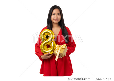 March 8, Women's Day: Woman with balloons gift, isolated, PNG March 8, Women's Day: Woman with balloons gift, isolated, PNG 136692547
