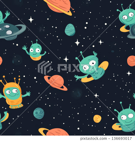 Cute alien characters waving from tiny UFOs, surrounded by floating asteroids and cosmic dust. 136693017