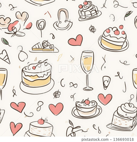 A wedding-themed doodle pattern with tiny rings, cakes, and champagne glasses, all sketched with casual, joyful lines to capture the spirit of love and celebration. 136693018