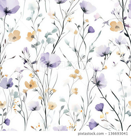 A seamless pattern of delicate wildflowers, gently swaying in the breeze, soft watercolor style. 136693041