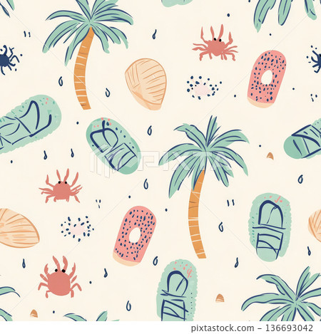 A fun beach-themed pattern with hand-drawn seashells, flip-flops, palm trees, and tiny crabs scurrying around. 136693042