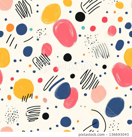 A lively hand-drawn pattern of floating bubbles, abstract dots, and scattered geometric shapes. The random placement of elements and varying line thicknesses create a fun, dynamic, and artistic look. 136693043