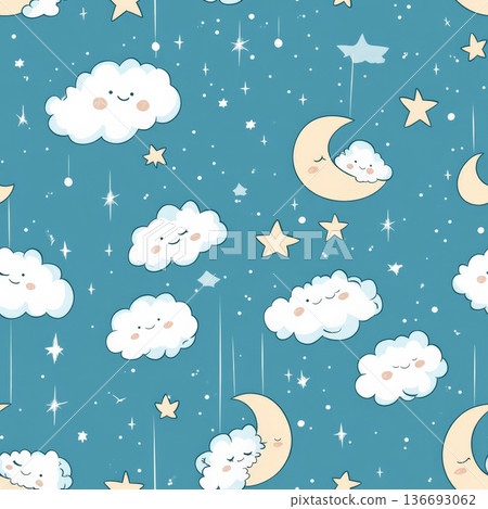 A dreamy starry sky pattern with kawaii sleeping moons, twinkling stars, and floating sheep. 136693062