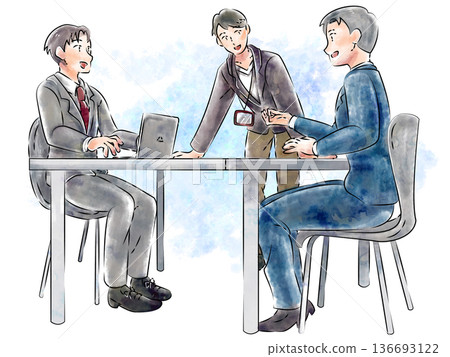 Watercolor style male business meeting scene illustration Watercolor style male business meeting scene illustration 136693122