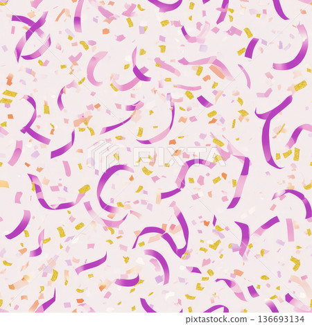 A celebratory confetti and streamer pattern with shimmering gold details 136693134