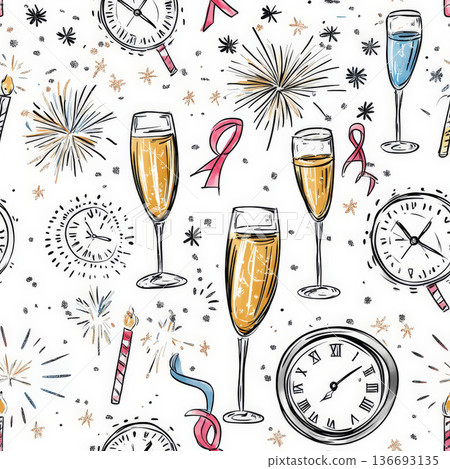 A fun New Year's Eve doodle pattern featuring bubbly champagne glasses, clocks striking midnight, and festive fireworks, all drawn in a playful, hand-sketched style. A fun New Year's Eve doodle pattern featuring bubbly champagne glasses, clocks striking midnight, and festive fireworks, all drawn in a playful, hand-sketched style. 136693135