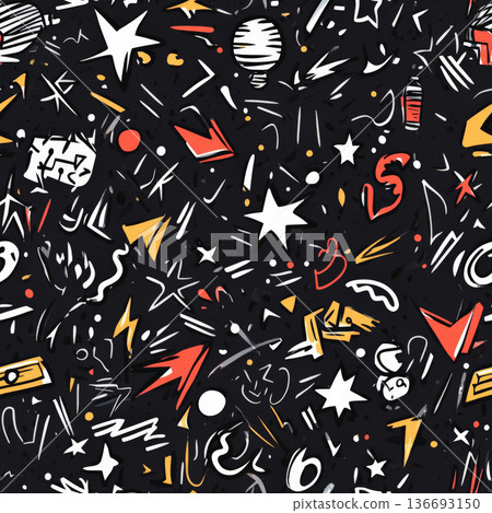 A fun and quirky graffiti-style doodle pattern featuring random symbols like lightning bolts, stars, and exaggerated punctuation marks. The sketchy, imperfect lines add a street-art-inspired charm to 136693150