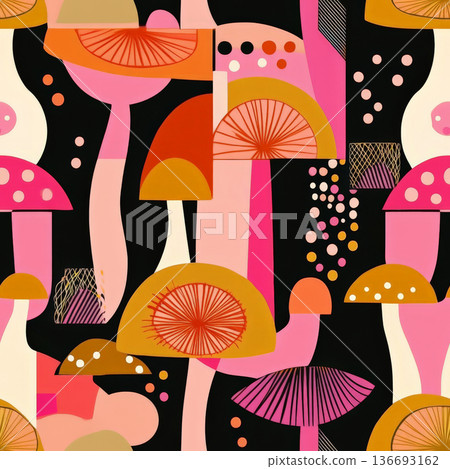 A playful 70s-inspired pattern with groovy mushrooms, disco balls, and bold geometric shapes. A playful 70s-inspired pattern with groovy mushrooms, disco balls, and bold geometric shapes. 136693162