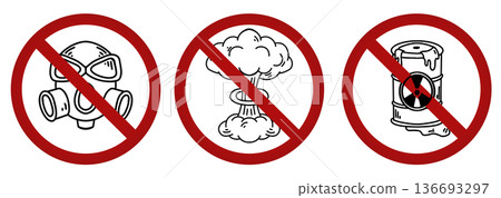 Vector set with a nuclear explosion, gas mask, and chemical tank in a prohibition sign. Danger of radiation and radioactive contamination. 136693297
