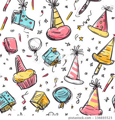 A seamless birthday doodle pattern with sketchy party hats, gift boxes, and floating balloons, drawn in a playful, wobbly style to enhance the festive joy. A seamless birthday doodle pattern with sketchy party hats, gift boxes, and floating balloons, drawn in a playful, wobbly style to enhance the festive joy. 136693523