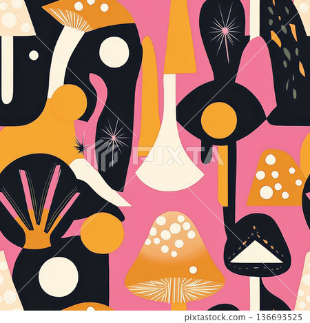 A playful 70s-inspired pattern with groovy mushrooms, disco balls, and bold geometric shapes. A playful 70s-inspired pattern with groovy mushrooms, disco balls, and bold geometric shapes. 136693525