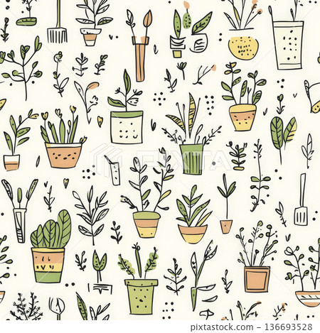 A botanical-inspired doodle pattern with whimsical potted plants, tiny leaves, and hand-drawn garden tools. The rough, uneven strokes add a relaxed, casual charm, making it a perfect design for nature 136693528