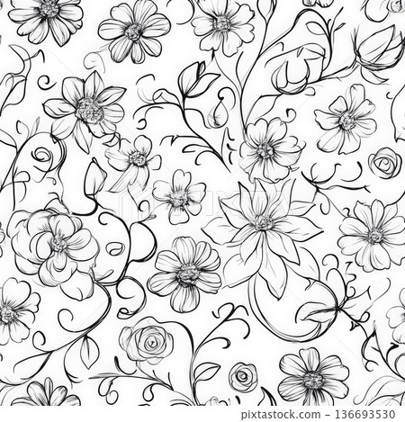 A seamless floral doodle pattern featuring hand-drawn daisies, roses, and swirling vines. Some flowers are simple outlines, while others have delicate sketchy details, creating a playful yet elegant A seamless floral doodle pattern featuring hand-drawn daisies, roses, and swirling vines. Some flowers are simple outlines, while others have delicate sketchy details, creating a playful yet elegant 136693530