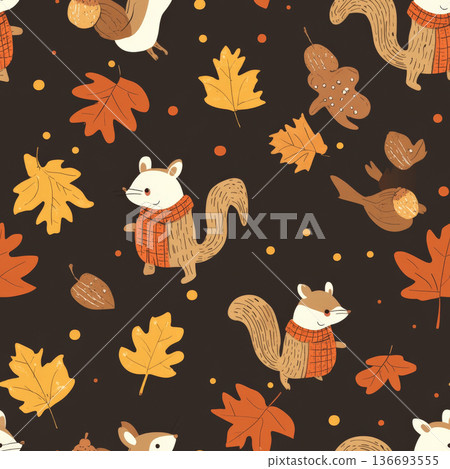 A whimsical autumn pattern with falling golden leaves, tiny squirrels gathering acorns, and warm scarves. A whimsical autumn pattern with falling golden leaves, tiny squirrels gathering acorns, and warm scarves. 136693555