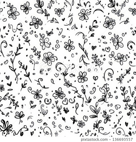 A seamless pattern of hand-drawn doodle flowers with swirls, leaves, and tiny hearts 136693557
