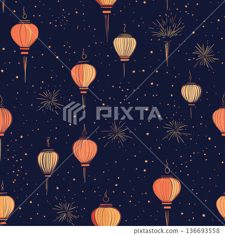 A night sky pattern with golden firework streaks and floating lanterns 136693558