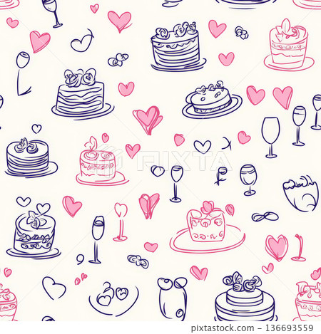 A wedding-themed doodle pattern with tiny rings, cakes, and champagne glasses, all sketched with casual, joyful lines to capture the spirit of love and celebration. A wedding-themed doodle pattern with tiny rings, cakes, and champagne glasses, all sketched with casual, joyful lines to capture the spirit of love and celebration. 136693559
