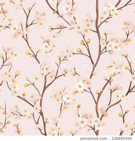 A delicate plum blossom pattern with golden branches and soft pink flowers 136693564