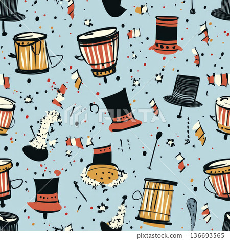 A fun parade doodle pattern with hand-drawn drums, marching band hats, and streamers waving in the wind, creating a festive and lively mood. A fun parade doodle pattern with hand-drawn drums, marching band hats, and streamers waving in the wind, creating a festive and lively mood. 136693565