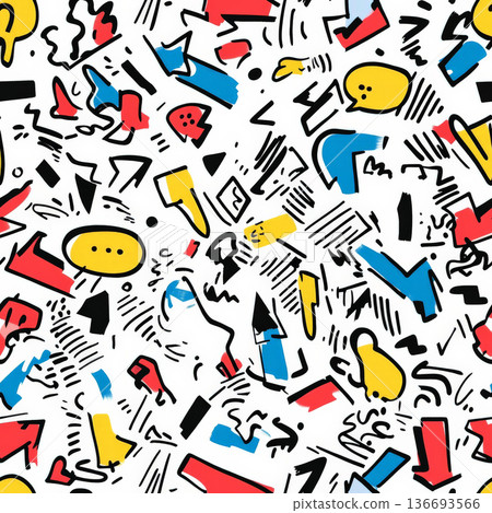 A chaotic yet fun pattern of random doodles: arrows, speech bubbles, exclamation marks, and abstract shapes A chaotic yet fun pattern of random doodles: arrows, speech bubbles, exclamation marks, and abstract shapes 136693566
