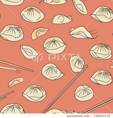 A playful dumpling pattern featuring steamed and pan-fried dumplings with chopsticks 136693570