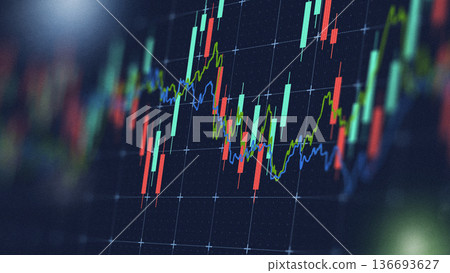 Stock market chart shows price changes over time with green and red bars 136693627