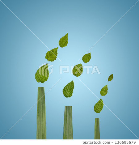 Factory chimneys with smoke in shape of green trees and leaves on blue background. Eco friendly Green industry concept. Ecology concept. Earth day concept and green recycling. World Environment Day Factory chimneys with smoke in shape of green trees and leaves on blue background. Eco friendly Green industry concept. Ecology concept. Earth day concept and green recycling. World Environment Day 136693679