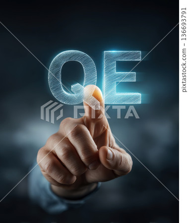 hand hovering above text display QE. Quantitative easing crisis and inflation concept . 136693791