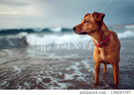 Brown dog standing on wet sand at beach, calm sea waves and open sky, summer vacation pet lifestyle, natural light shoreline scene with copy space. 136693797