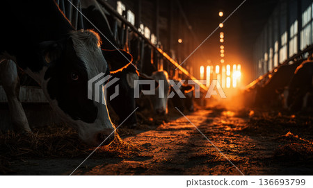 Group of cows at cowshed eating hay or fodder on dairy farm. 136693799