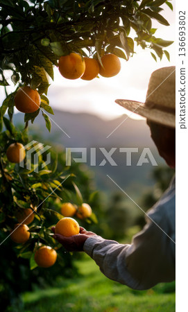 Farmer harvesting ripe oranges in a lush orchard, with vibrant green leaves and blurred background. 136693802