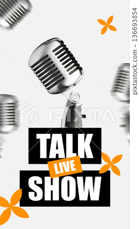 Live talk show features microphone and vibrant design elements in a podcast format Live talk show features microphone and vibrant design elements in a podcast format 136693854