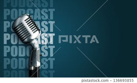 Podcast microphone setup with branding in clear view on a solid background 136693855