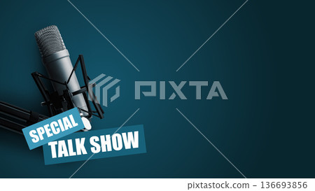 Podcast episode featuring a special talk show with a microphone setup in a studio 136693856