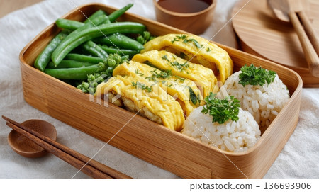 Japanese bento box with tamagoyaki rolled omelette, rice balls, and green beans in a wooden container 136693906