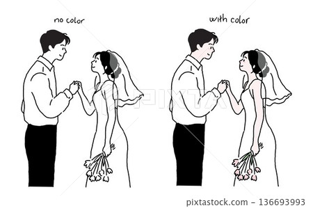 Wedding couple, cute bride and groom, hand drawn couple, happy just married young couple doodle style 136693993