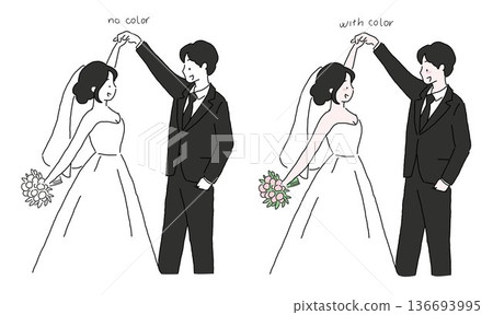 Cute bride and groom, hand drawn happy romantic young couple 136693995