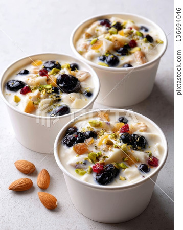 Delicious yogurt cups with nuts and berries on white background 136694046