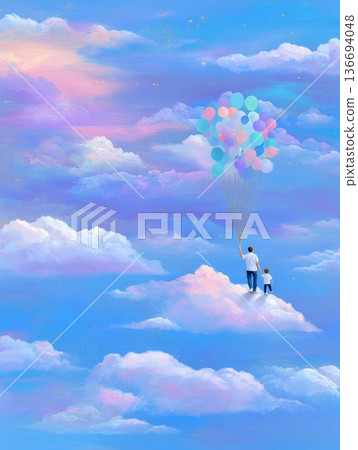 Father and child on clouds with balloons in dreamy sky 136694048