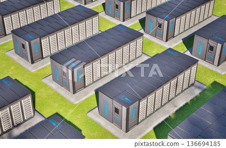 Group of eergy storage systems or battery container units isometric Group of eergy storage systems or battery container units isometric 136694185