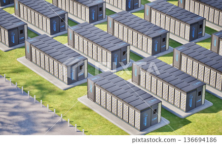Group of eergy storage systems or battery container units isometric 136694186