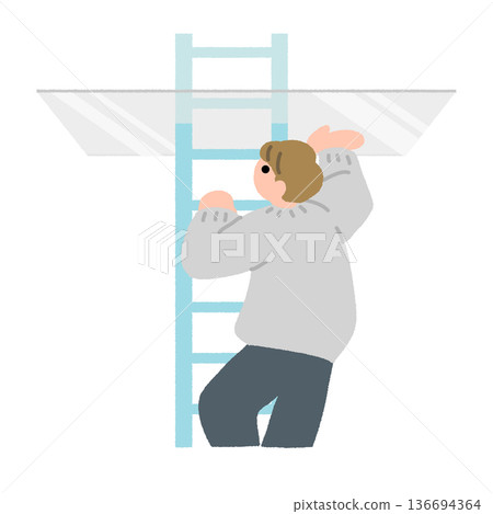 一幅平面插圖，描繪了一個人爬梯子時被透明天花板擋住的情景。 136694364