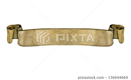 Elegant watercolor illustration of a vintage parchment ribbon banner. Hand-painted scroll with aged paper texture and curved edges, ideal for wedding titles, heraldry, and retro-style labels. 136694669