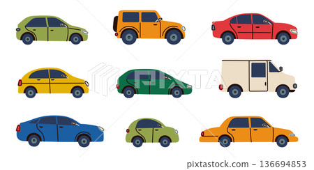Collection of colorful vehicles in flat cartoon style. Vector illustration set with various cars, sedans, SUV, delivery van in bright colors. Icons for transportation, traffic, urban design projects Collection of colorful vehicles in flat cartoon style. Vector illustration set with various cars, sedans, SUV, delivery van in bright colors. Icons for transportation, traffic, urban design projects 136694853