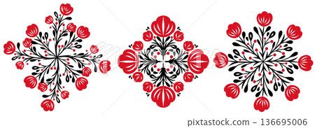 Vector set of floral clip art. Tracery collection of red flower wreaths 136695006